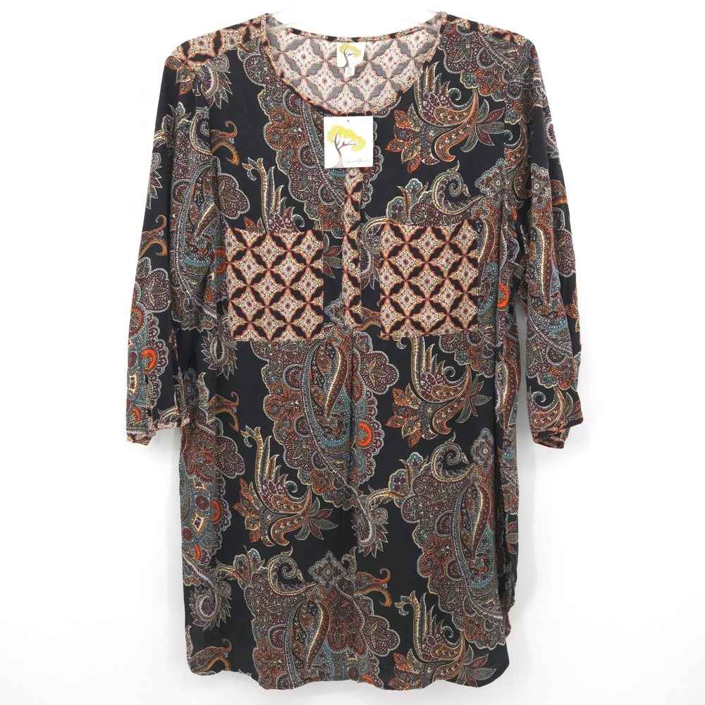 Fig and Flower Tunic Top NWT Women 2X Black Paisley Mixed Print Boho